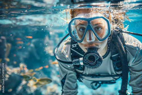Portrait of a Woman in diving suit and wearing diving gear is swimming in the open ocean (ID: 760813498)
