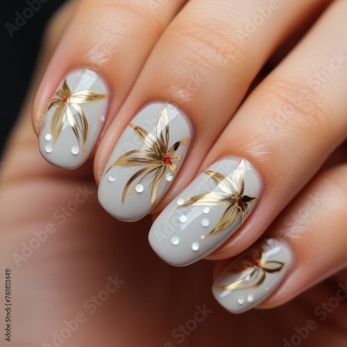 Macro shot of beautiful white nails with bright flower design. Perfect white manicure with flourishing flowers art on the nails.