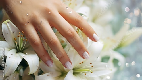 Closeup of beautiful hands with white manicure holding booming flowers. Macro shot of woman hands holding bright white flowers with tender white nails.
