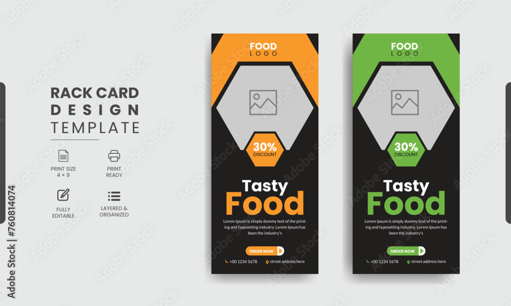 Obraz premium Fast food restaurant business marketing roll up or banner template design with abstract background, logo and social media icon. Pizza, burger & healthy food sale web banner, rack card or flyer