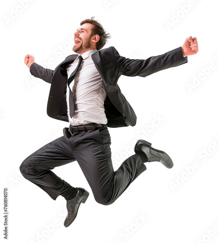 Happy Excited Businessman Jumping Isolated on Transparent Background 
