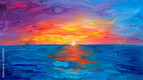 Sunset at sea abstract oil painting background with vibrant horizon and calm ocean waves. © furyon