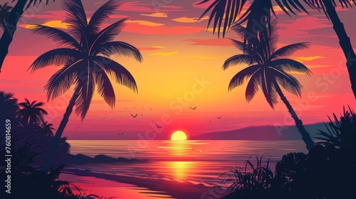 Sunset silhouette with mango slices replacing the sun, creating a serene and beautiful tropical evening scene. © furyon