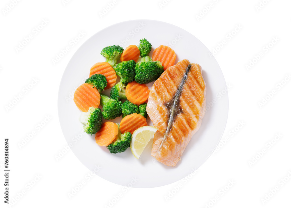 plate of grilled salmon fillet and vegetables isolated on transparent background, top view
