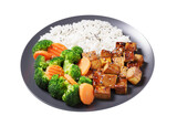plate of fried tofu, rice and vegetables with sesame seeds isolated on transparent background