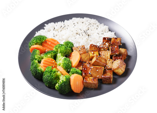 plate of fried tofu, rice and vegetables with sesame seeds isolated on transparent background
