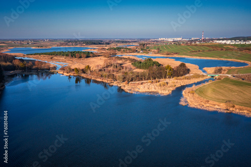 Beautiful aerial landscape of the lakes and forests of Kociewie in northern Poland at spring.