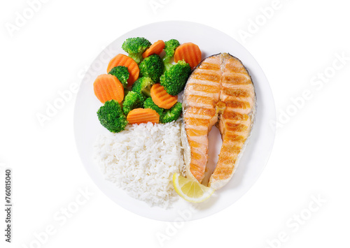 plate of grilled salmon, rice and vegetables isolated on transparent background, top view