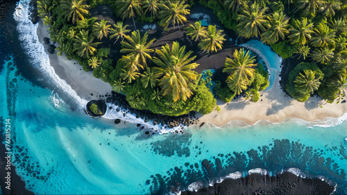 A drone shot of the most beautiful volcano island beach paradise, black sand, palm trees, blue water, summer paradise, summer vacation, travel inspiration, tropical island, holiday resort