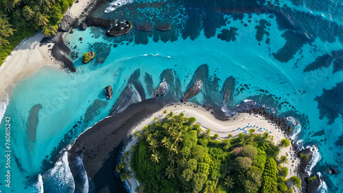 A drone shot of the most beautiful volcano island beach paradise, black sand, palm trees, blue water, summer paradise, summer vacation, travel inspiration, tropical island, holiday resort © aiximagination