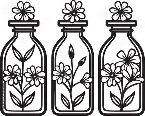 Blossom Bottleneck Floral Elixir Emblem Bouquet Bottles Vector Logo of Bottled Blooms