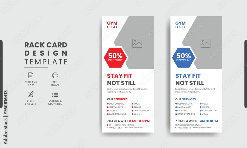 Obraz premium Gym & fitness rack card design template, Fitness gym social dl flyer or unique rack card vector design.