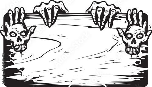 Forsaken Foray Emblem of Zombie Hand and Signboard Design Macabre Messaging Vector Logo with Grasping Zombie Hand and Signboard