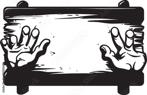 Morbid Marketing Vector Icon of Zombie Hand Holding Signboard Undead Usher Zombie Hand Signboard Logo Design