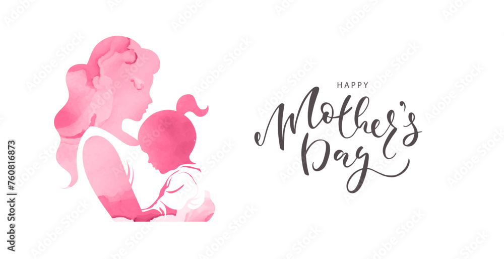 Happy Mother's Day. Silhouette of a mother holding her young daughter in her arms, watercolor texture. Poster, banner, invitation, postcard. Vector illustration with beautiful woman and child
