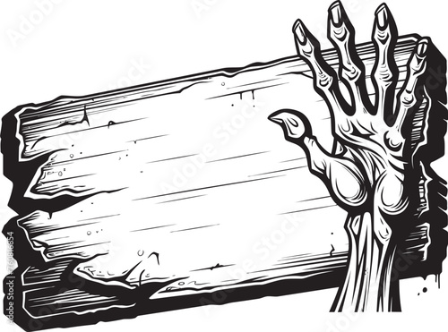Malevolent Manifesto Iconic Logo Design of Zombie Hand Holding Signboard Spectral Suggestions Vector Emblem of Zombie Hand and Signboard