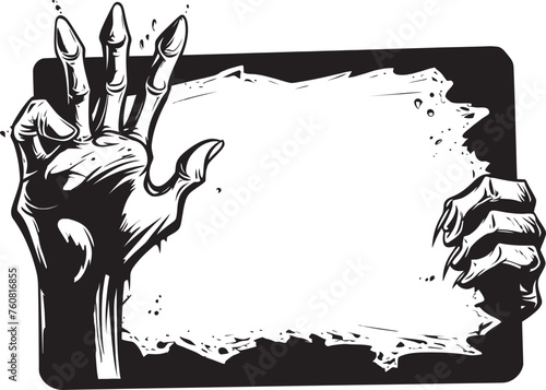 Apparitional Advertisements Iconic Logo Design of Zombie Hand and Signboard Forsaken Foray Vector Emblem of Zombie Hand Holding Signboard