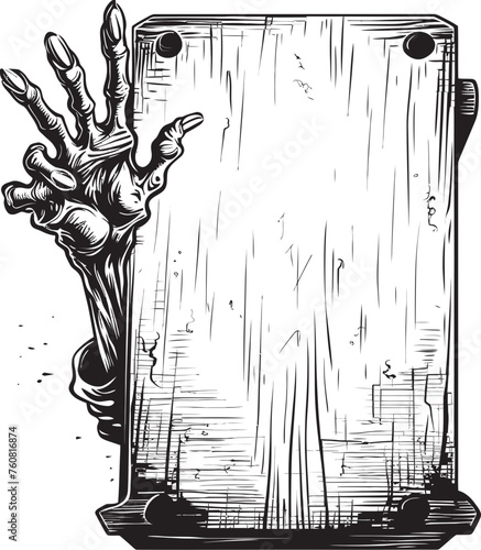 Forsaken Foray Vector Emblem of Zombie Hand Holding Signboard Wretched Warnings Emblematic Design Featuring Zombie Hand and Signboard