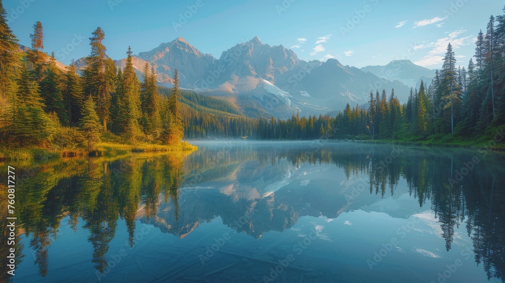 Fototapeta premium Lake Surrounded by Trees and Mountains