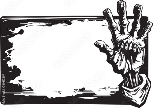 Grisly Guiding Zombie Hand Signboard Logo Design Horrifying Hail Vector Logo with Zombie Hand Holding Signboard