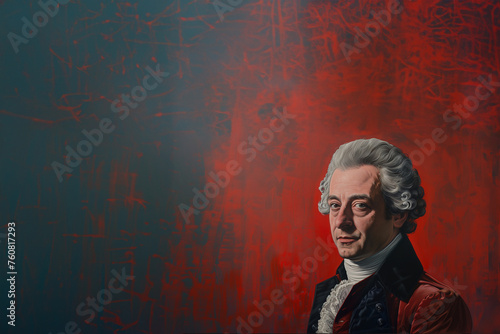 portrait du compositeur autrichien de la période classique Mozart avec une perruque poudrée sur la tête sur un fond rouge texturé à gris, avec espace négatif copyspace