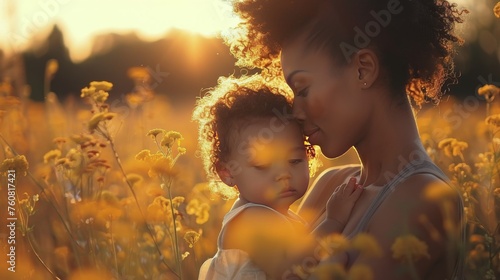 Woman Holding Baby in Field of Flowers