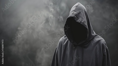 Mysterious person in a hood surrounded by smoke