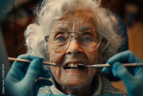 Dentist perform medical examination of the open mouth of an elderly woman. Curing of an old lady teeth. Mock up portrait for clinics.
 photo