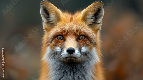 Red Fox - Vulpes vulpes, sitting up at attention, direct eye contact, a little snow in its face, tree bokeh in background
