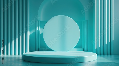 Modern blue circular display podium in an abstract room with vertical lines and shadows.