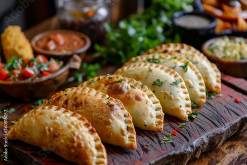 Fototapeta Naklejka Na Ścianę i Meble -  Delicious Assorted empanadas food. Fried baked pastry meal. Generate Ai