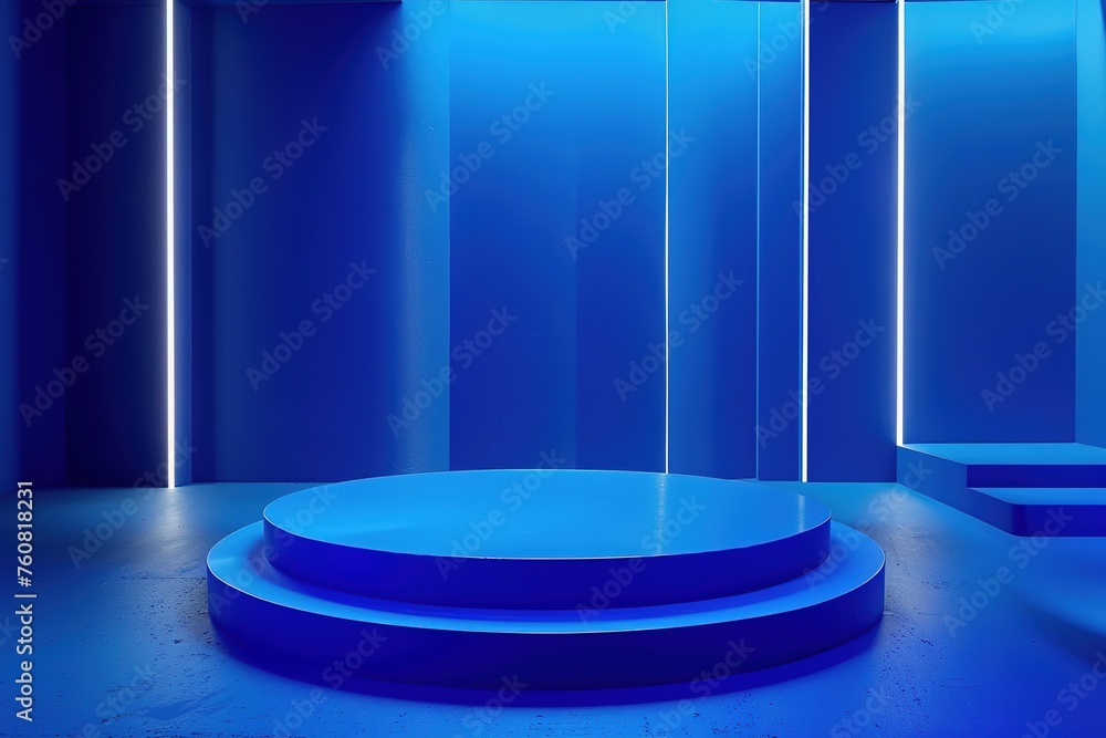 Fototapeta premium Blue circular pedestal in a futuristic room with neon lights for product display.
