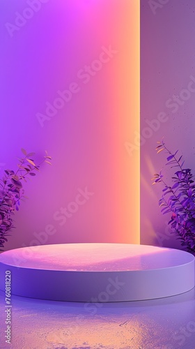 Vibrant gradient background with a central podium and decorative plants.