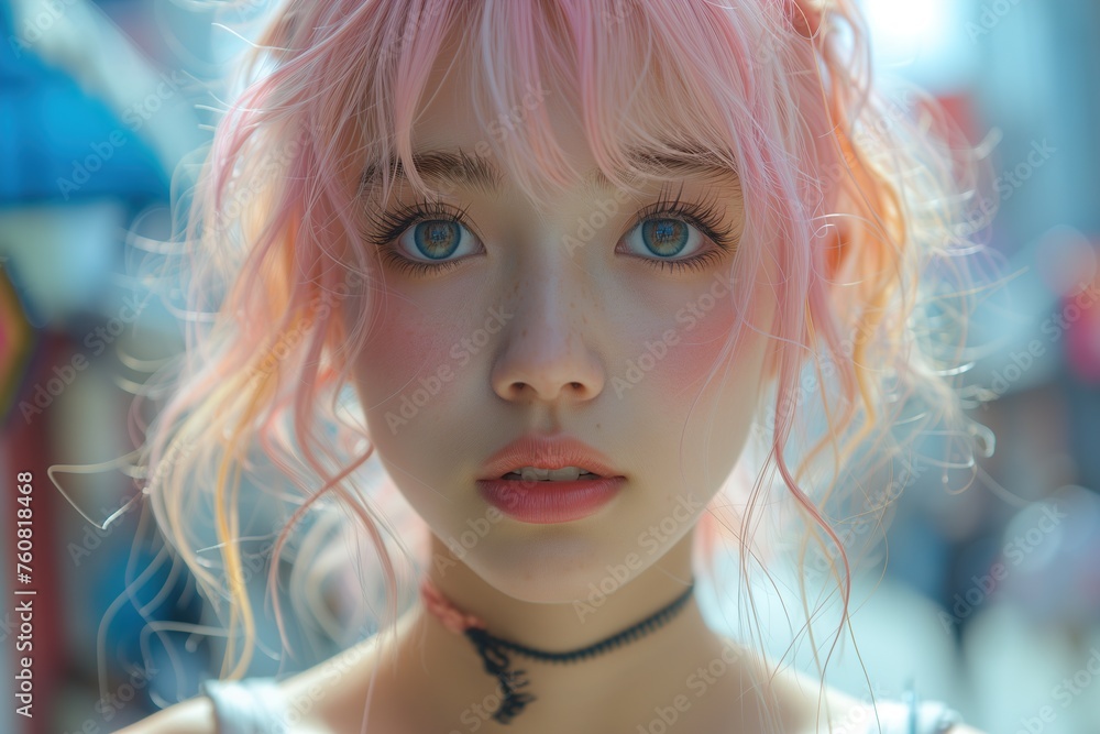 A stunning portrait of a bold and colorful woman with pink hair, piercing blue eyes, and intricate body piercings, exuding confidence and individuality against an outdoor backdrop