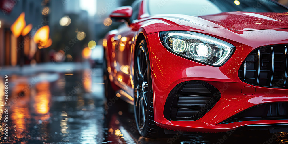 front headlight of a modern new red luxury car parked on street front headlight of a modern new red luxury car parked on street