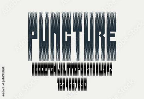 Halftone dotted futuristic cyberpunk font for logos and posters, vector brutal industrial typeface alphabet letters and numbers, urban technic future typography.