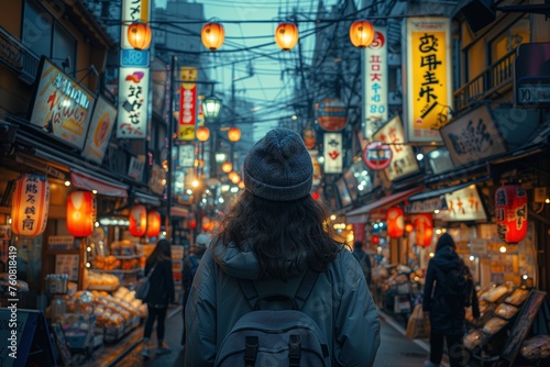 A lone man traverses the bustling city streets, lit only by the warm glow of lanterns and the neon signs of the vibrant market bazaar