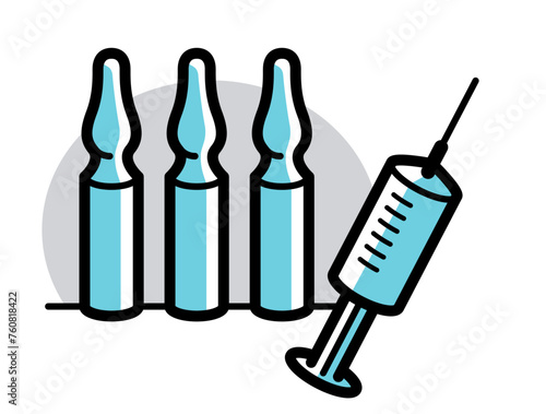 Vaccination theme vector illustration of a syringe with ampules isolated over white, epidemic or pandemic coronavirus covid 19 or flu or SARS or any other vaccine, pharmacology concept.