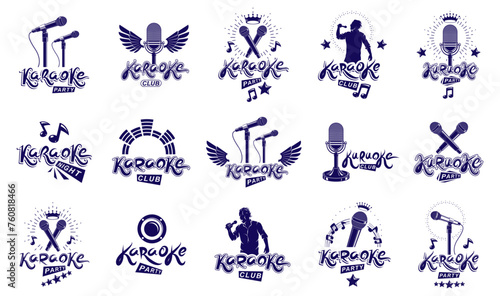 Karaoke logos and emblems vector set, microphones and musical notes singing party or club compositions isolated collection, music entertainment nightlife weekend holidays or birthday theme. photo