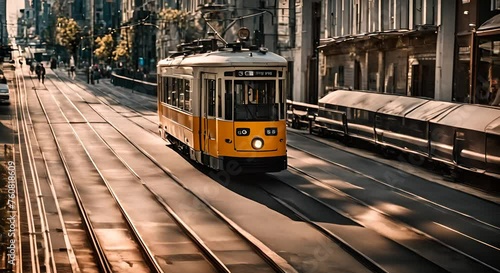 Yellow tram in a city. photo