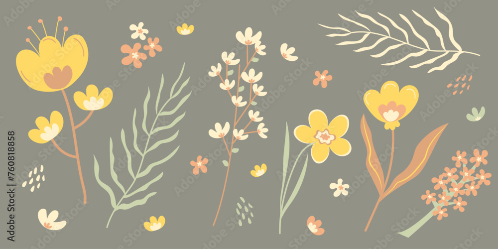 A set of painted twigs with flowers in the doodle style. Spring flowers in retro colors.