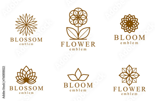 Beautiful geometric flower logos vector linear designs set, sacred geometry line drawing emblems or symbols collection, blossoming flower hotel or boutique or jewelry logotypes.