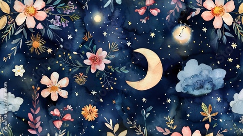 Watercolor seamless pattern featuring whimsical night sky with flowers and celestial elements. #760818895