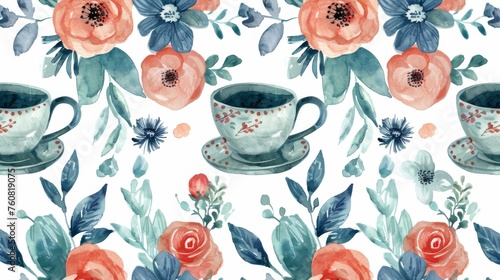 Watercolor seamless pattern with whimsical flowers and vintage teacups.