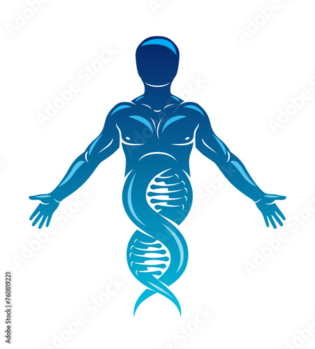 Vector illustration of human, athlete depicted as DNA strands continuation. Molecular biotechnology concept.