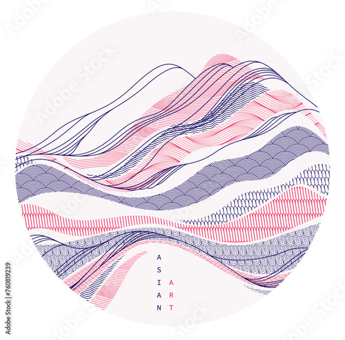 Oriental Japanese style vector abstract illustration in a shape of circle, background in Asian traditional style, wavy shapes and mountains terrain, runny like sea lines.