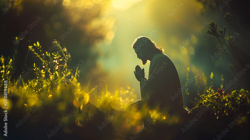 Silhouette of Jesus in intense prayer and supplication before betrayal and crucifix in the garden of Gethsemane, copy space , prayer ministry, supplication, back stabbing of saviour image  - obrazy, fototapety, plakaty 