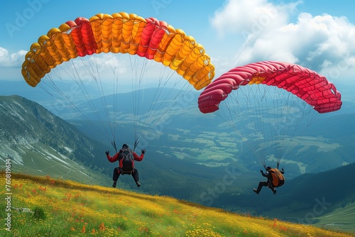 Two paragliders soar gracefully above a mountain range, emphasizing the freedom and exhilaration of flight amidst nature