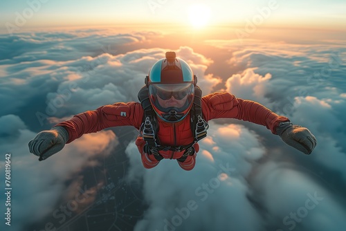 An adventurous skydiver experiences the ultimate adrenaline rush while plummeting towards the earth against the backdrop of a stunning sunset and fluffy clouds