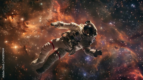 An astronaut floating weightlessly in space, surrounded by stars and distant galaxies. The